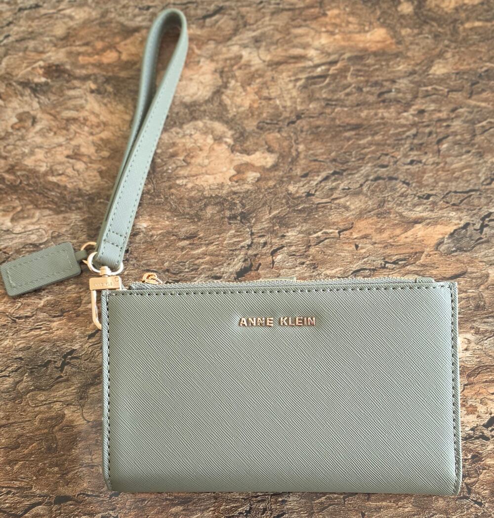 Anne Klein Sage Green Saffiano Wristlet Wallet ID Card Holder Gold Tone
